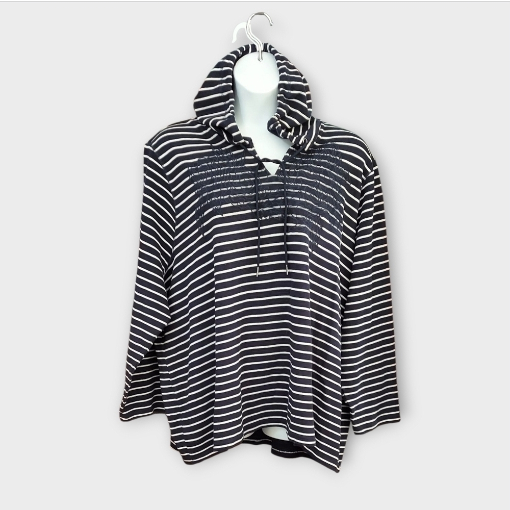 NWT Ulla Popken Ribbed Navy and White Striped Hooded Top ~sz 28/30